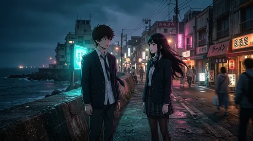 夜の防波堤で向かい合う男子と女子。背後の通りにはカラオケ、居酒屋、ラーメン店の看板が光る