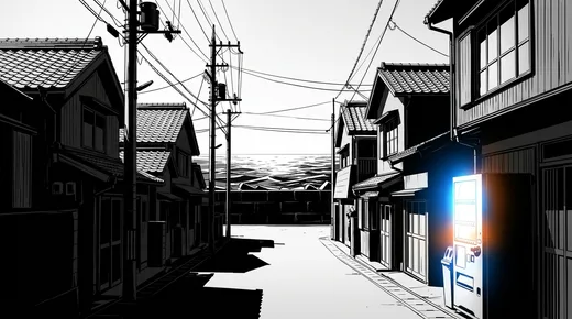 深い影の白黒で描いた同じ通り。暗い木造家屋のあいだで自動販売機だけが青く光り、道の先に海が見える