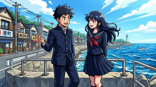 少年マンガ風アクションの画風。黒い学ランの男子が身ぶりを交えて、セーラー服の女子と防波堤の手すりの前で話す。左に商店の看板、明るい海には灯台と船