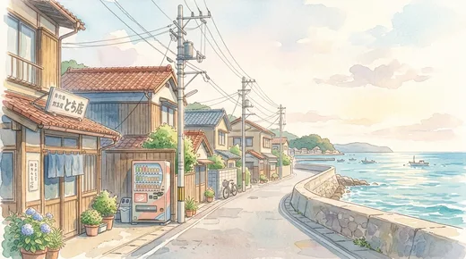 やわらかな水彩で描いた海辺の通り。看板のある木造の店、鉢植えのアジサイ、自動販売機。道は防波堤に沿ってカーブし、小舟の浮かぶ穏やかな海へ続く