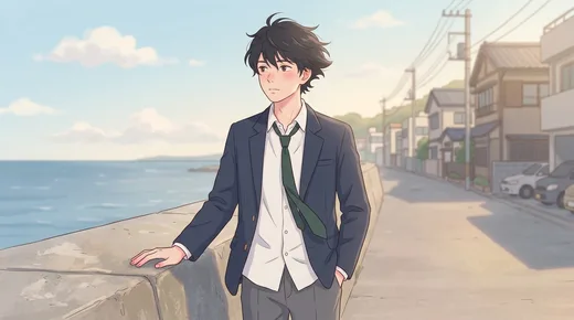 紺のブレザーに緑のネクタイの男子が、やわらかなパステル調の日差しの中で防波堤に手をかける