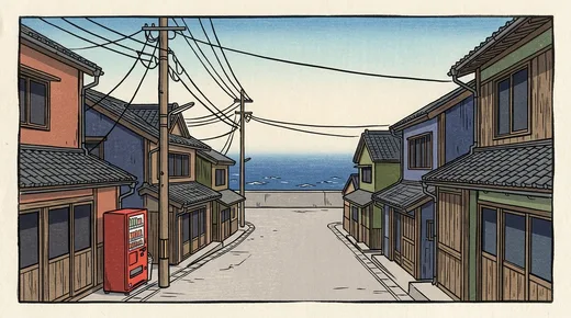 枠に収まった木版画のような同じ通り。赤・青・緑の木造家屋、赤い自動販売機と電線。道はまっすぐ海へ下っていく