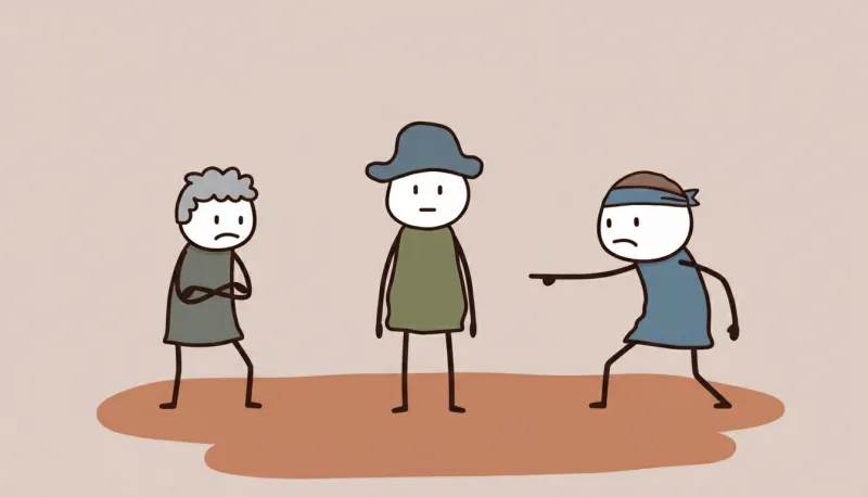 Stick figures: one with folded arms, one in a blue hat, and one in a headband pointing at the other two