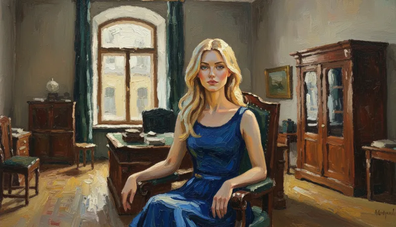 Thick oil strokes: a blonde woman in a sleeveless blue dress sits in a wooden armchair in an old study, a tall window and a glass-fronted cabinet behind her