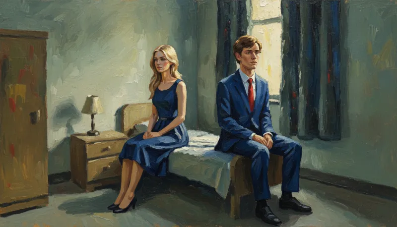 The same blonde woman in the blue dress sits on the edge of a bed beside a young man in a blue suit and red tie, both looking away, in a grey room lit from the window