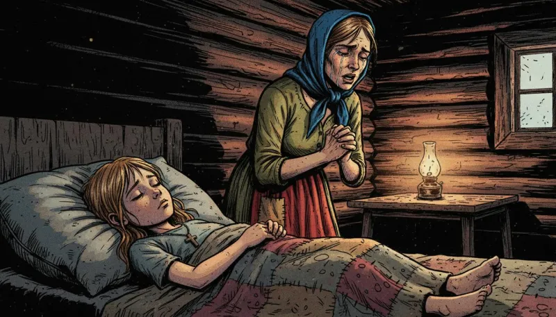 A woman in a blue headscarf prays over a sleeping girl under a patchwork quilt in a log cabin lit by an oil lamp