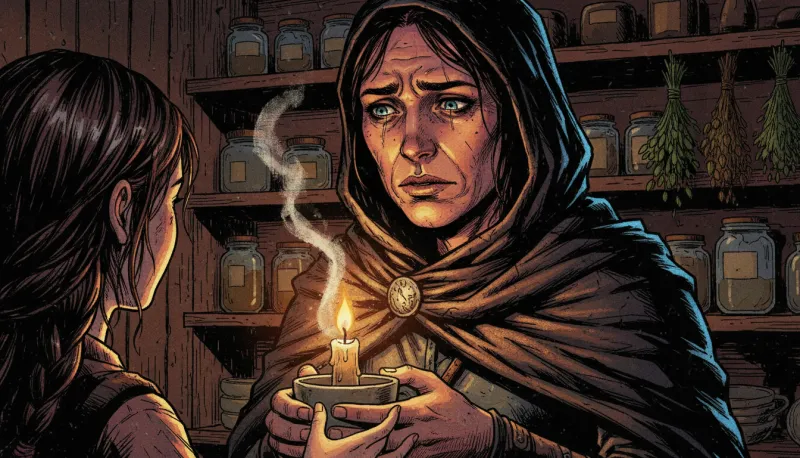 Comic-book frame: in a shop lined with jars and drying herbs, a hooded woman holding a candle speaks to a dark-haired girl seen from behind