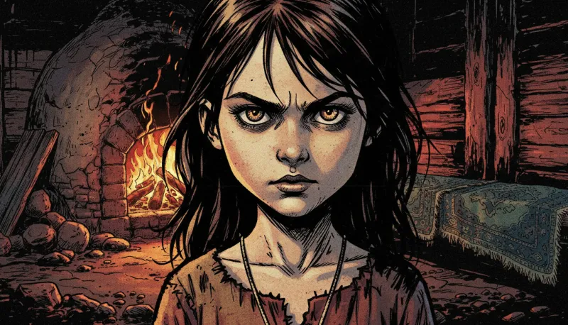A dark-haired girl glares straight at the viewer in front of a clay stove with a fire burning inside