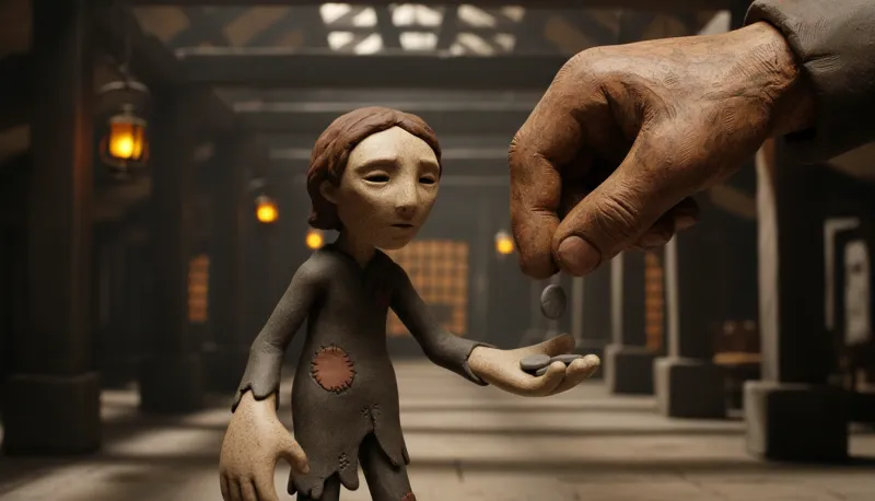 A big wrinkled hand drops a coin into the open palm of a clay girl in a patched grey dress, lanterns glowing in the dim hall behind her