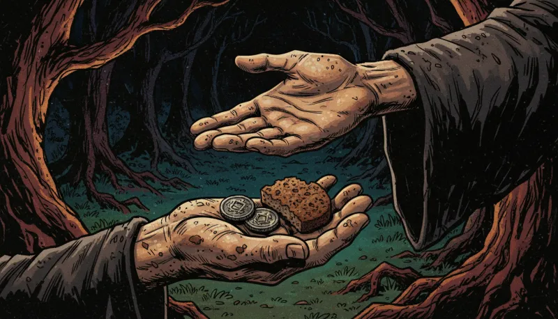 Two hands meet in a dark, twisted forest: one reaches down open, the other holds two coins and a piece of bread