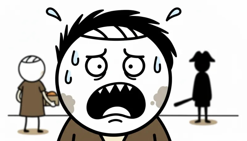 A panicked cartoon face with sweat drops and a jagged open mouth, two stick figures blurred behind it