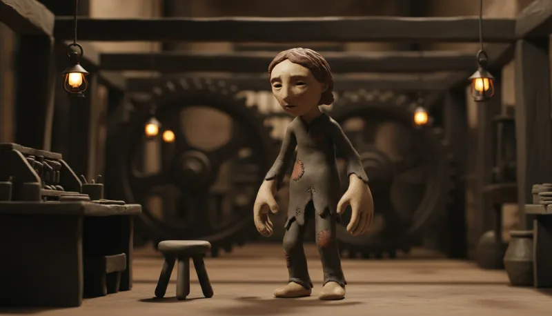 The same clay boy stands alone in a workshop of giant gears and hanging lanterns, a small stool beside him