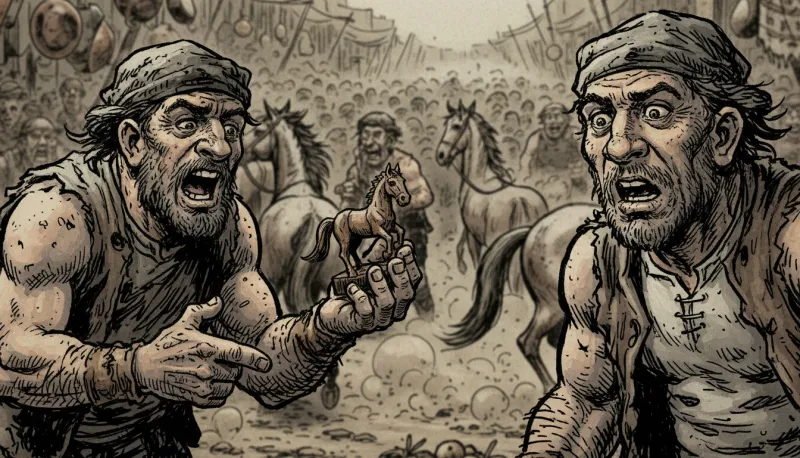Pen-and-ink drawing: a man shouts and points at a small horse figurine in his palm while another man stares, aghast; a crowd and horses behind them