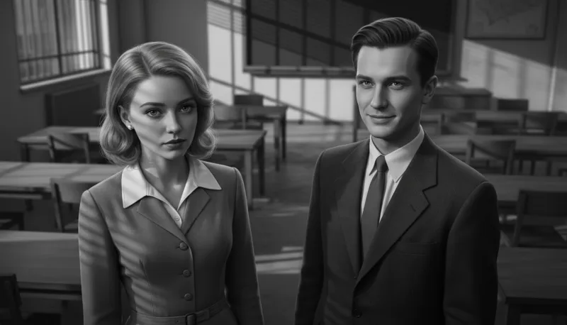 Black-and-white frame: a young woman in a 1950s suit and a smiling man in a dark suit and tie stand in an empty classroom