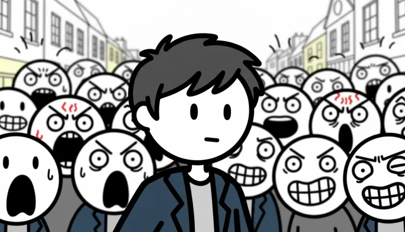 A calm young man in a blazer stands among a crowd of shouting, scowling stick-figure faces on a town street