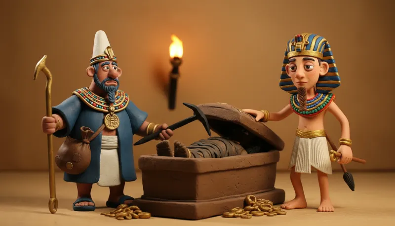 A bearded clay priest with a staff and a pickaxe and a young clay pharaoh open a sarcophagus with a mummy inside, gold coins on the floor