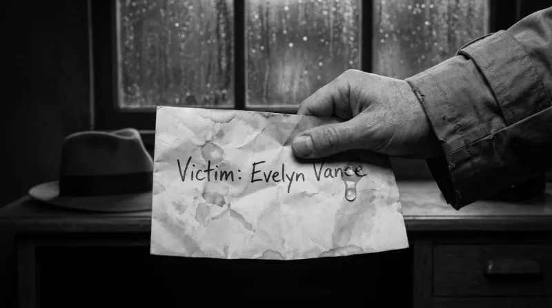 A hand holds a crumpled, stained note reading “Victim: Evelyn Vance” in front of a rainy window, a fedora on the desk
