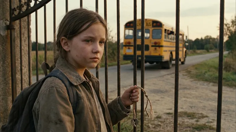 A girl in a worn canvas jacket holds a frayed rope at an iron gate while a yellow school bus drives off down a country road at dusk