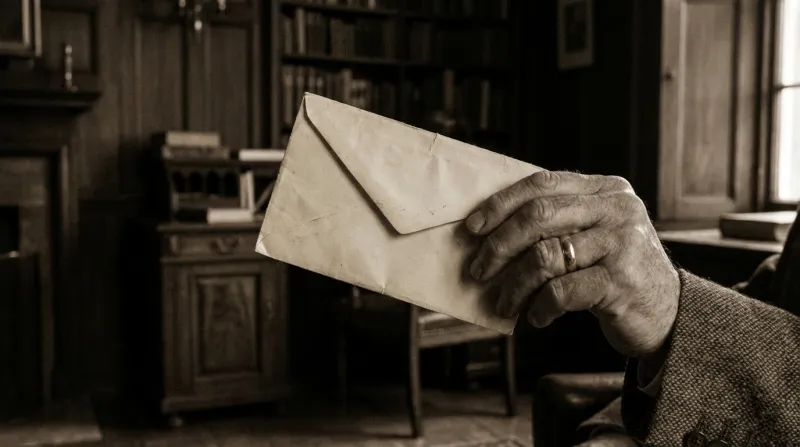 An old hand with a wedding ring holds up a yellowed envelope in a dim study lined with books