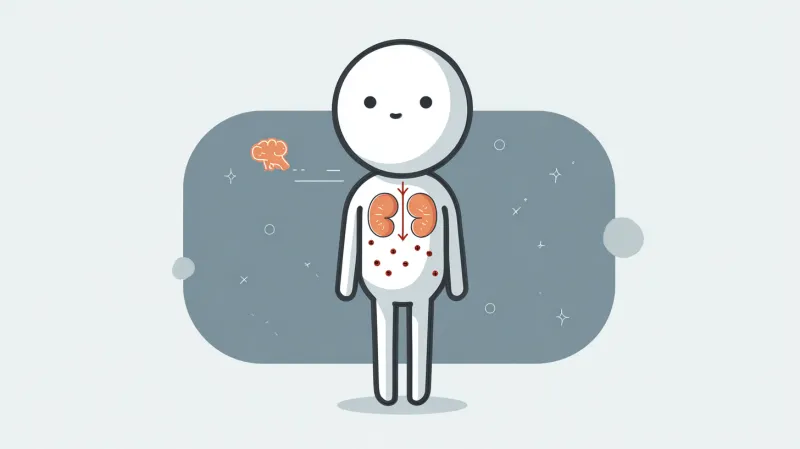 A cheerful round-headed figure with two kidneys shown inside its body, a tiny brain icon floating to its left on a grey panel