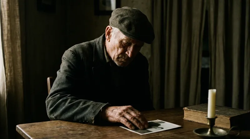 An old man in a flat cap sits at a wooden table with his hand on a photograph, a candle and a worn book beside him