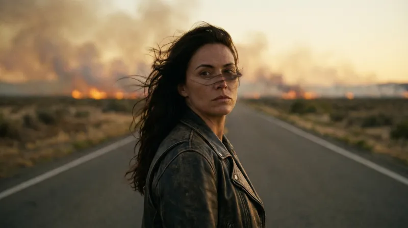 A woman in a worn leather jacket stands on an empty desert highway and looks back over her shoulder, a wildfire burning along the horizon