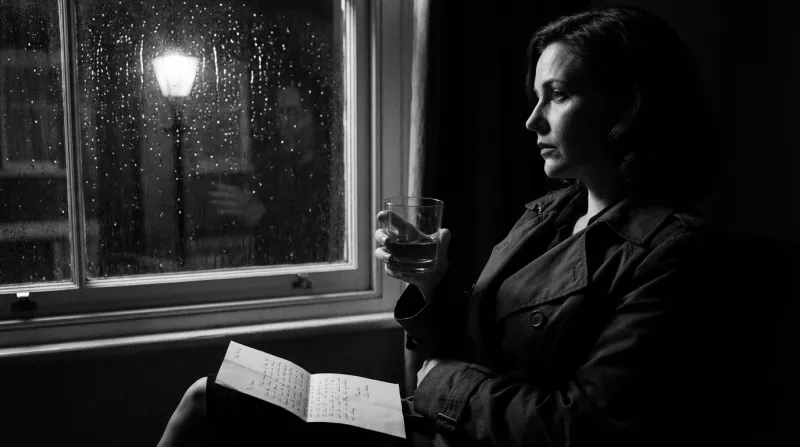 Black-and-white: a woman in a trench coat sits by a rain-streaked window at night, a glass in one hand and a handwritten letter on her knee