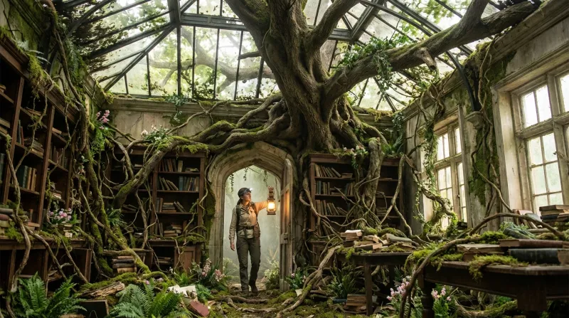 An explorer in a cap holds up a lantern in the arched doorway of an overgrown library, a great tree growing up through the bookshelves and the glass roof