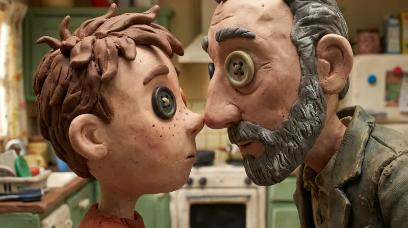 Claymation: a freckled boy and a grey-bearded man, both with button eyes, stand nose to nose in a cluttered kitchen