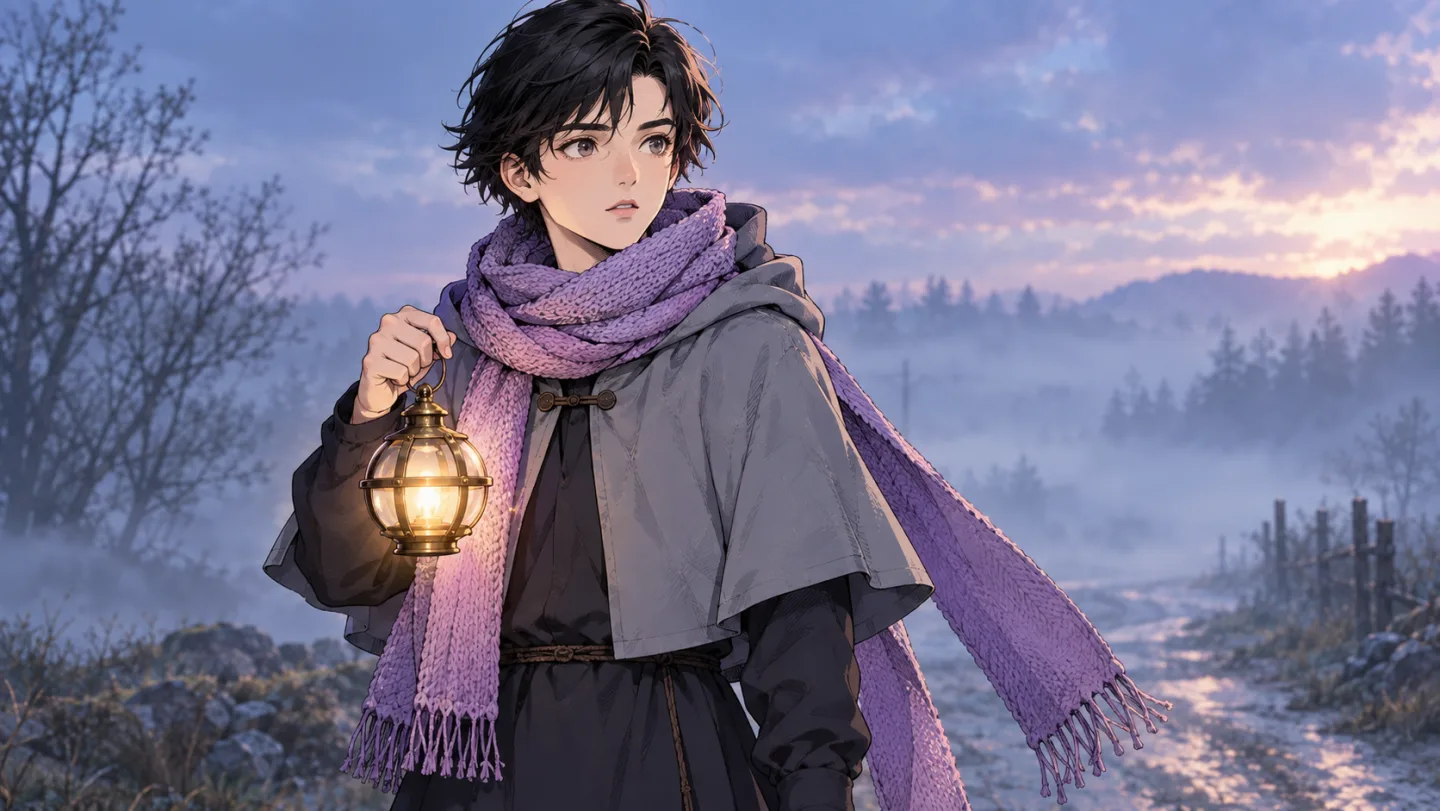 A young traveller with black hair and a violet scarf holds a glowing lantern on a misty road at dusk, drawn in an anime look
