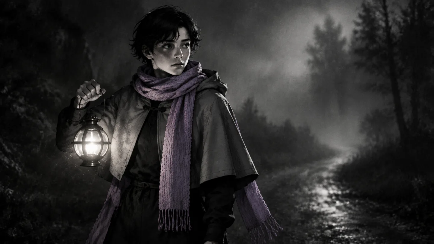 The same traveller with the lantern on a dark forest road in black-and-white noir, only the scarf keeping its violet