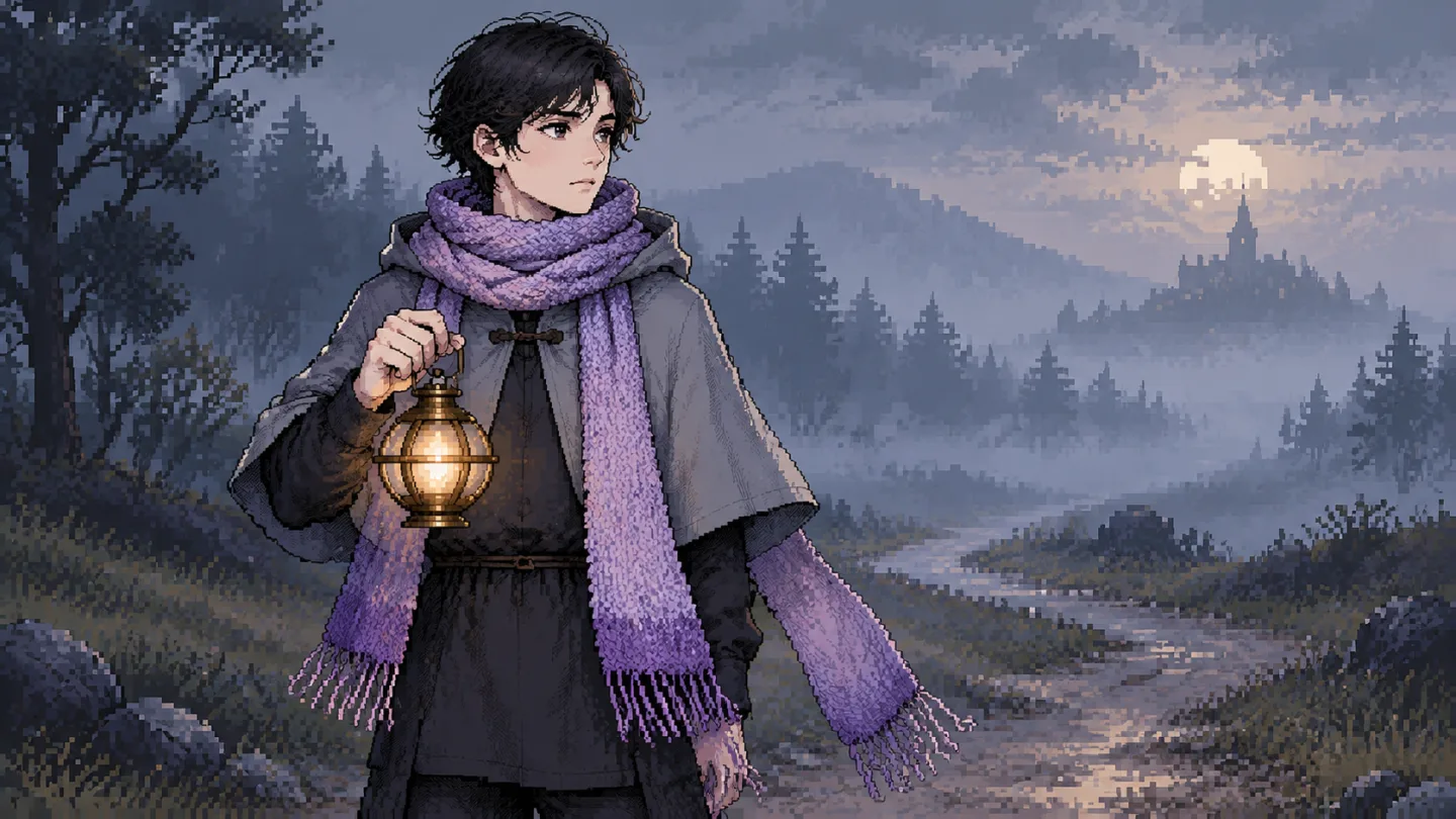 El mismo viajero con su farol en un sendero con niebla, dibujado en pixel art, con un castillo bajo la luna al fondo