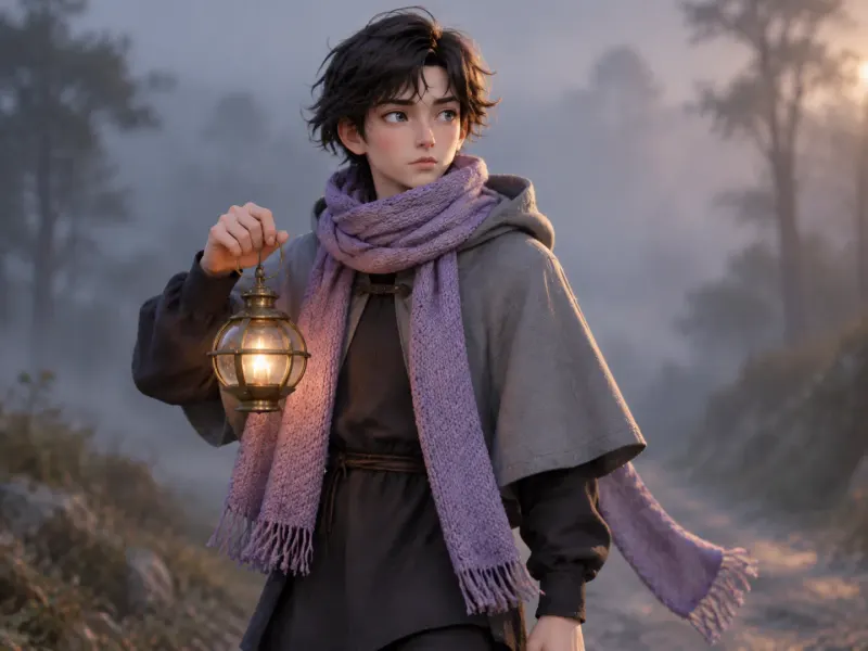 The traveller as a soft 3D figure on a misty hillside at dawn, holding up a brass lantern, the violet scarf trailing in the wind