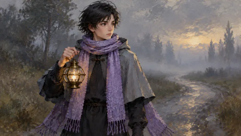 The traveller in thick oil paint beside a winding stream at dusk, the lantern lit in his hand