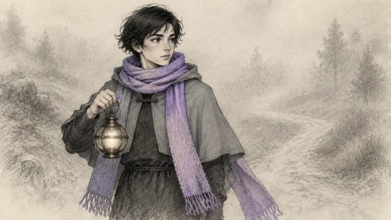 The traveller in grey pencil on warm paper, with only the scarf coloured violet