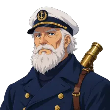Character: the old sky captain with a white beard, a captain's cap and a brass spyglass