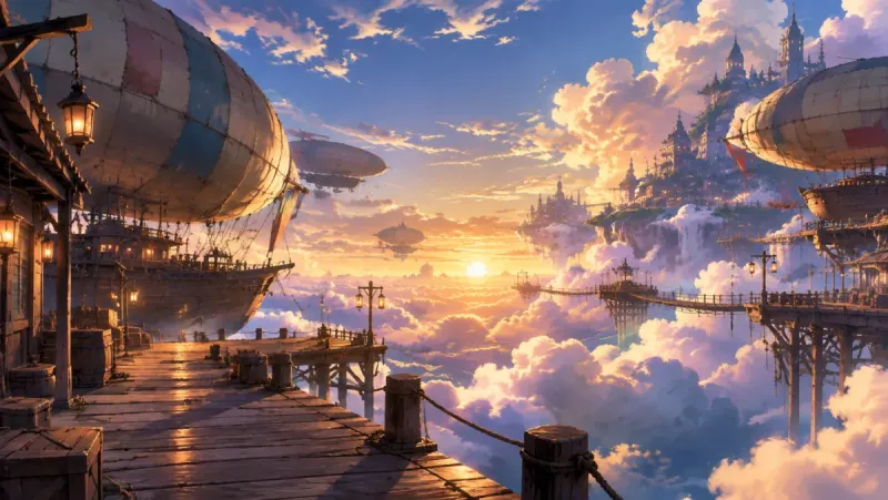 Wooden sky docks with moored airships above a sea of clouds at sunset, a floating city in the distance