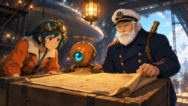 A young pilot and her round robot study a map with an old captain in an airship hangar