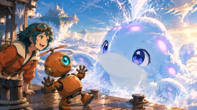A giant friendly cloud whale surfaces beside the pilot and the robot on the sky docks