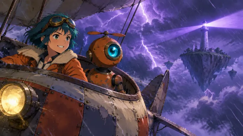 The pilot and the robot fly through a lightning storm towards a floating lighthouse