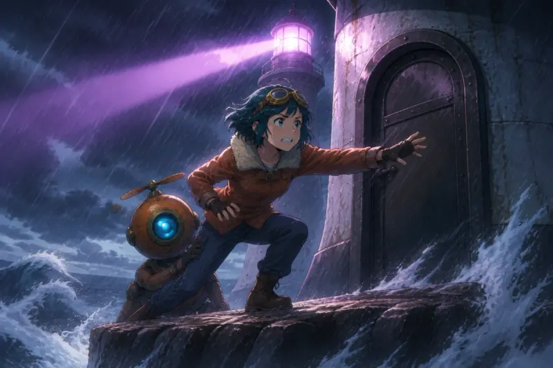 In lashing rain the pilot reaches for the lighthouse door on a wave-beaten rock while the robot crouches behind her