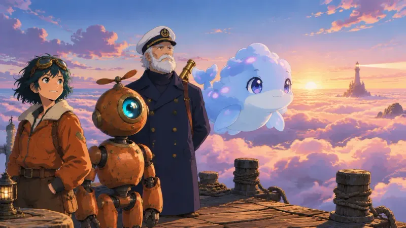 The pilot, the robot, the captain and the whale watch the sunset over the clouds