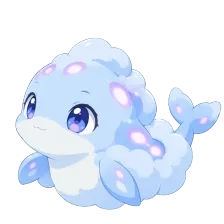 Character: the cloud whale, soft and pale blue with glowing purple spots