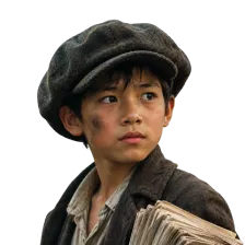 Character: the newsboy in a flat cap with a bundle of newspapers