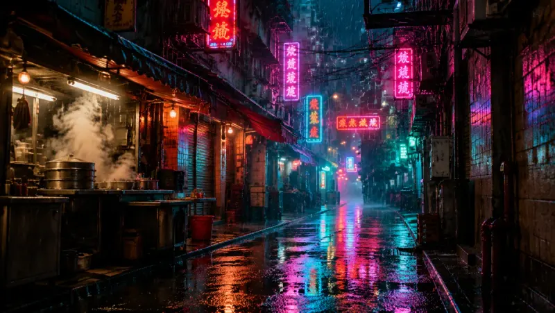 An empty rainy alley at night with neon signs and steam rising from a street-food stall