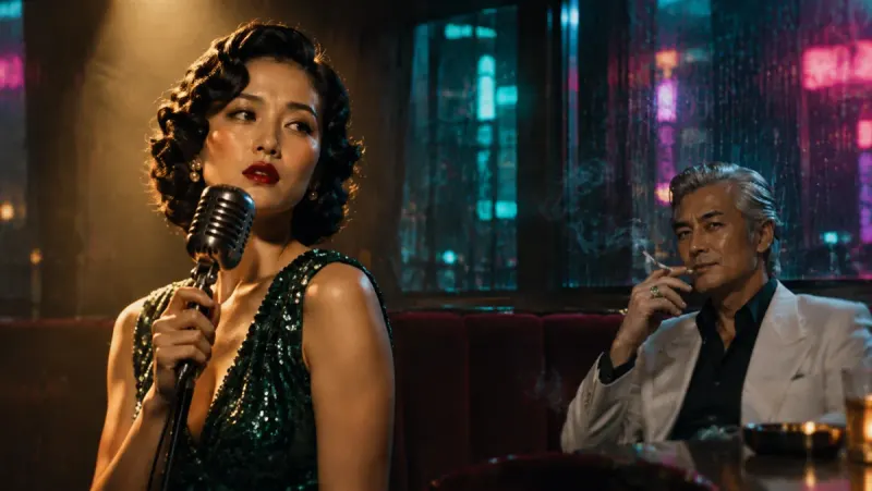 A singer in a green sequinned dress sings into an old microphone while a grey-haired man in a white suit smokes behind her