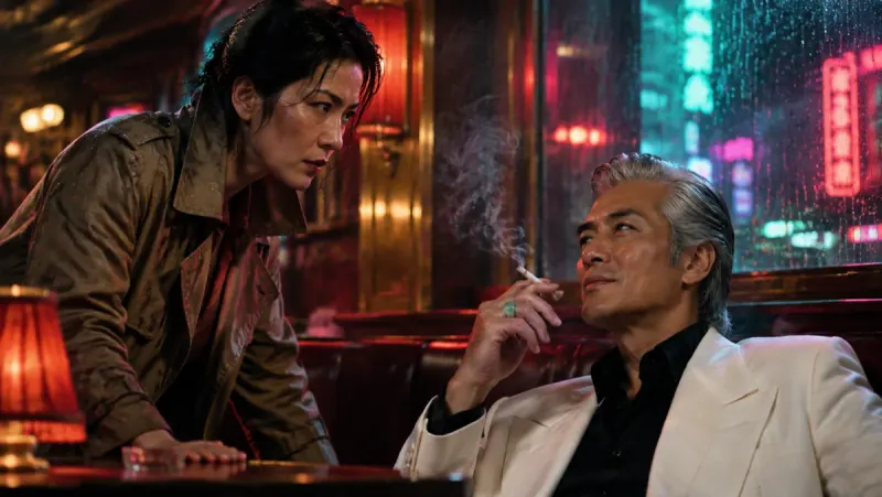 The detective in her trench coat leans over a table towards the grey-haired man in the white suit in a red-lit club