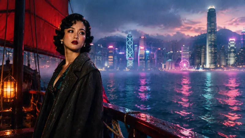 The singer in a dark coat stands on the deck of a red-sailed junk with a neon harbour skyline behind her