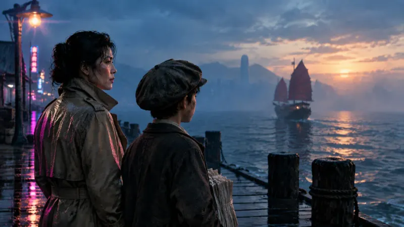 A detective in a trench coat and a newsboy in a flat cap stand on a wet pier at dawn and watch a red-sailed junk sail away